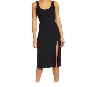 Open Edit Sleeves Black Midi Dress with Slit, L
